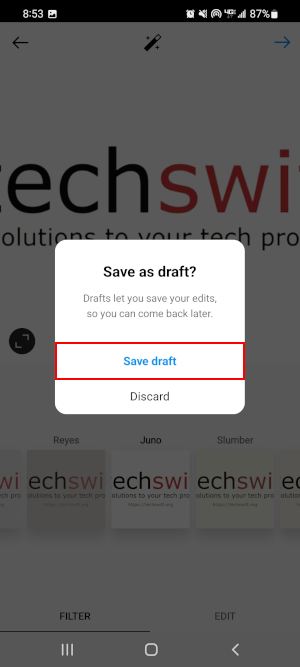 Instagram Mobile App Save Draft in Save as Draft Confirmation Window