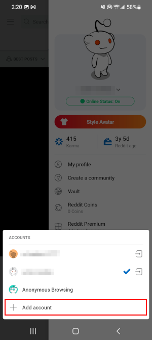Reddit Mobile App Add Account in Switch User Menu