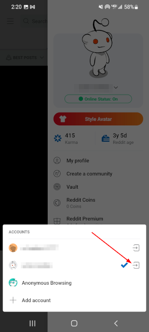 Reddit Mobile App Log Out Button Next to Username in Switch User Menu