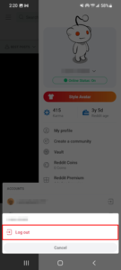 Reddit Mobile App Log Out in Log Out Account Confirmation Window
