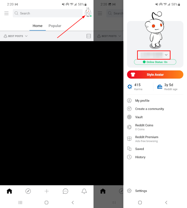 Reddit Mobile App Username in User Menu