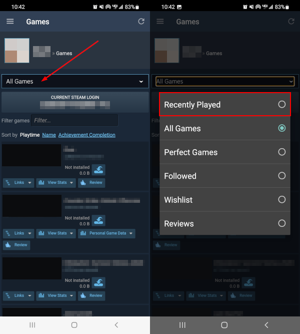 Steam Mobile App Recently Played Games Filter in Dropdown Menu on Library Screen