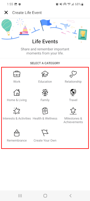 Facebook Mobile App Categories in Create Life Event Window