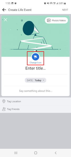 Facebook Mobile App Change Icon in Create Your Own Life Event Window