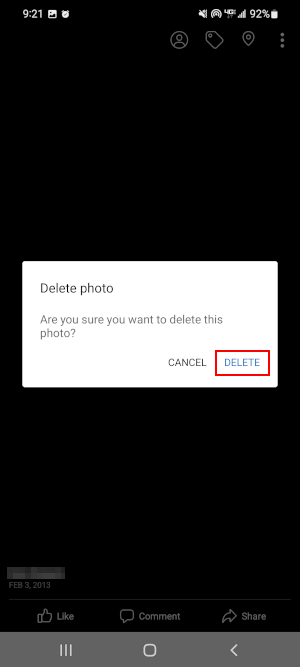 Facebook Mobile App Delete in Delete Photo Confirmation Window