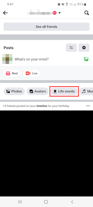 Facebook Mobile App Life Events Button on Profile