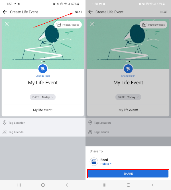 Facebook Mobile App Next and Share Button in Create Your Own Life Event Window