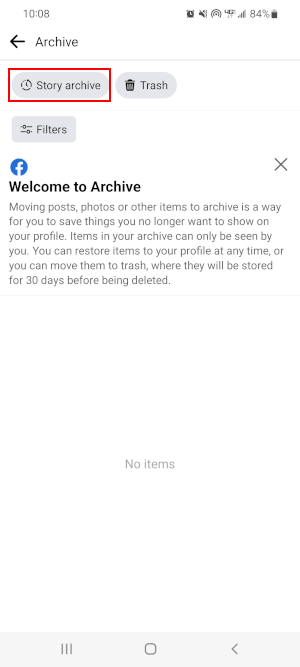 Facebook Mobile App Story Archive Button on Archive Screen