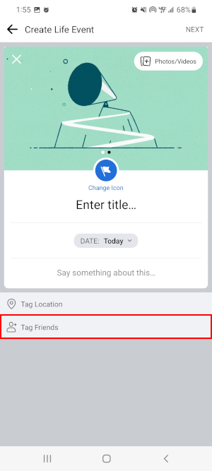 Facebook Mobile App Tag Friends in Create Your Own Life Event Window