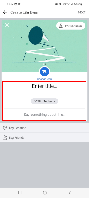 Facebook Mobile App Title Date and Description in Create Your Own Life Event Window