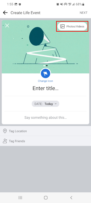Facebook Mobile App Upload Photo or Video Button in Create Your Own Life Event Window