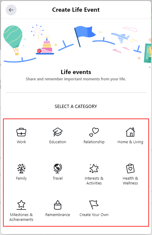 Facebook Web Categories in Create Life Event Window