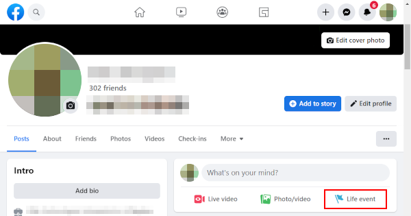 Facebook Web Life Event Button in Whats on Your Mind Status Bar on Profile Page