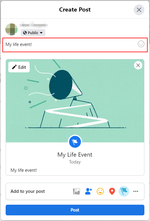 Facebook Web Life Event Description in Create New Post Window
