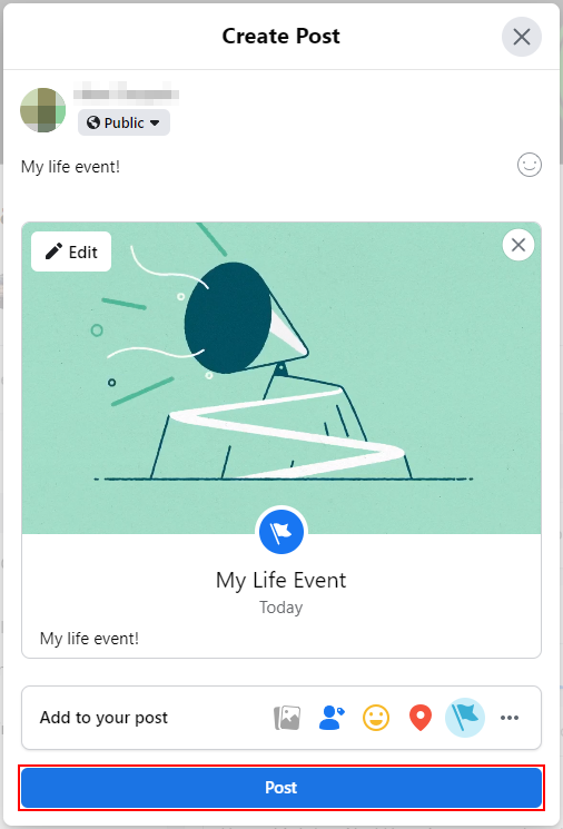 Facebook Web Post Button in Create New Post Window With Life Event Added