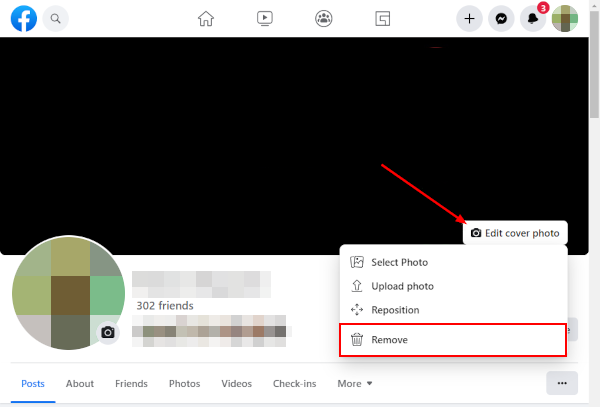 Facebook Web Remove in Edit Cover Photo Button Menu