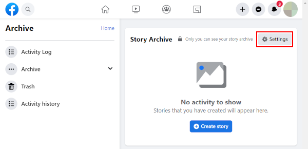 Facebook Web Settings Button on Story Archive Page