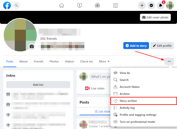 Facebook Web Story Archive in Profile Ellipsis Menu