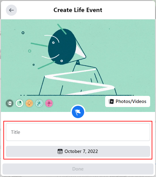 Facebook Web Title and Date in Create Your Own Life Event Window