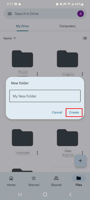Google Drive Mobile App Create in New Folder Window