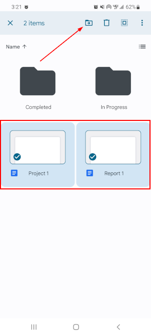 Google Drive Mobile App Multiple FIles Selected with Move Icon in Upper Right Corner