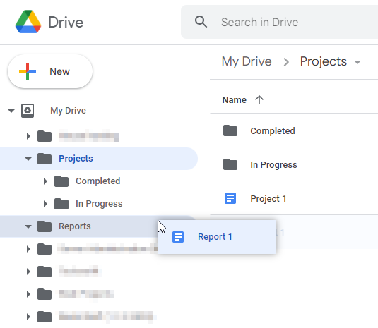 Google Drive Web Dragging File to Folder in Leftmost Menu
