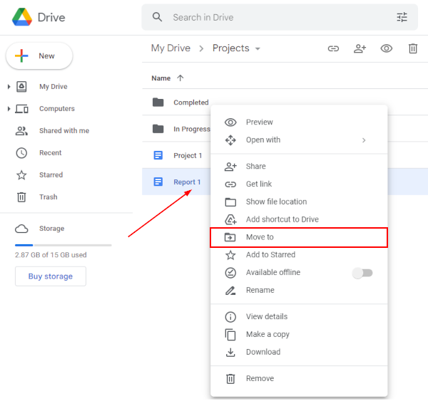 Google Drive Web Move to in File Right Click Menu