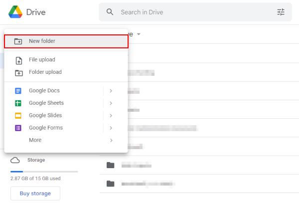 Google Drive Web New Folder in New Button Menu