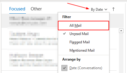 Outlook 365 Desktop Client All Mail in Filter Menu