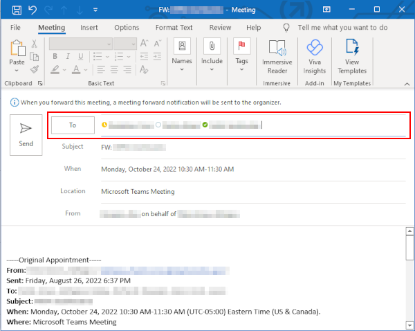 Outlook 365 Desktop Client Email Addresses in To Field of Forward Meeting Window