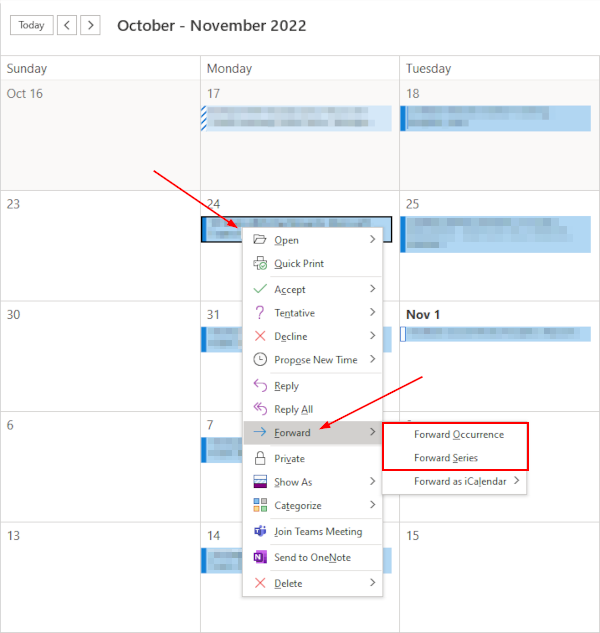 Outlook 365 Desktop Client Forward Occurrence and Forward Series in Meeting on Calendar Right Click Menu