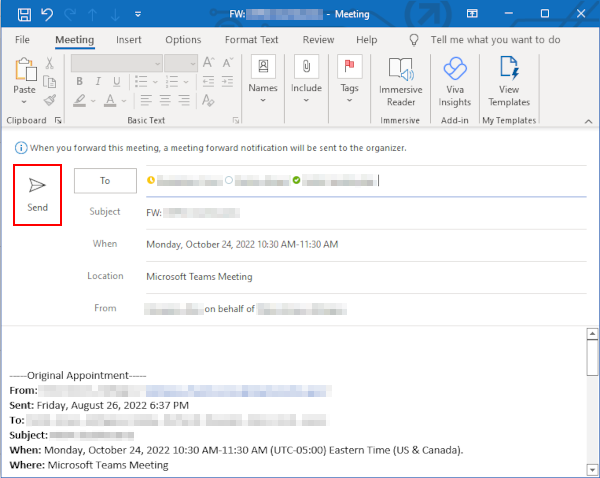 Outlook 365 Desktop Client Send Button in Forward Meeting Window