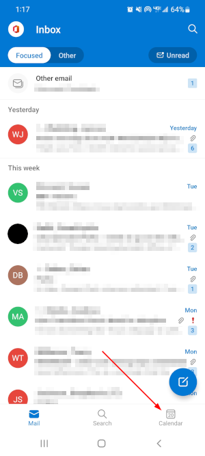 Outlook Mobile App Calendar Icon in Bottom Menu
