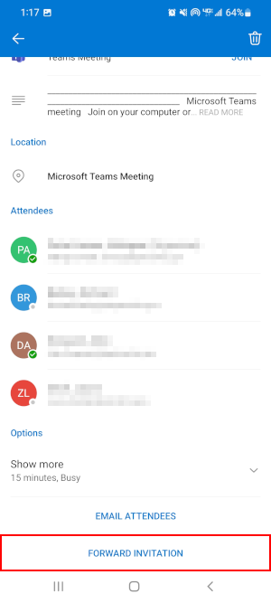 Outlook Mobile App Forward Invitation at Bottom of Meeting Screen