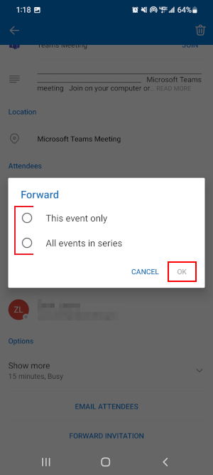 Outlook Mobile App This Event Only and All Events in Series in Forward Meeting Window