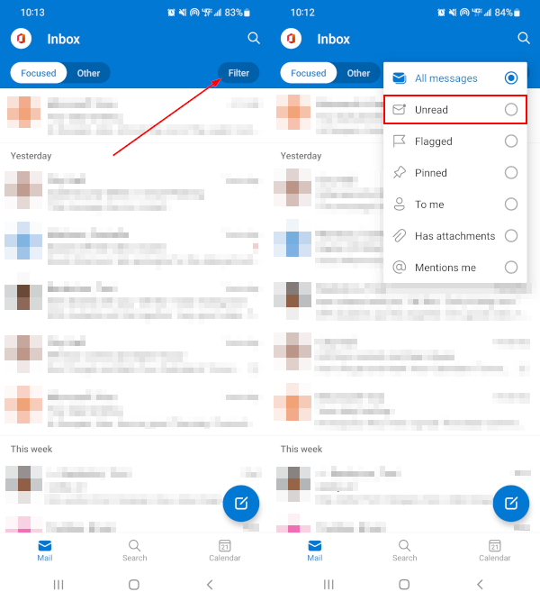 Outlook Mobile App Unread in Filter Menu