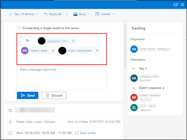 Outlook for the Web Email Addresses in To Field of Forward Meeting Window
