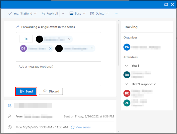 Outlook for the Web Send Button in Forward Meeting Window