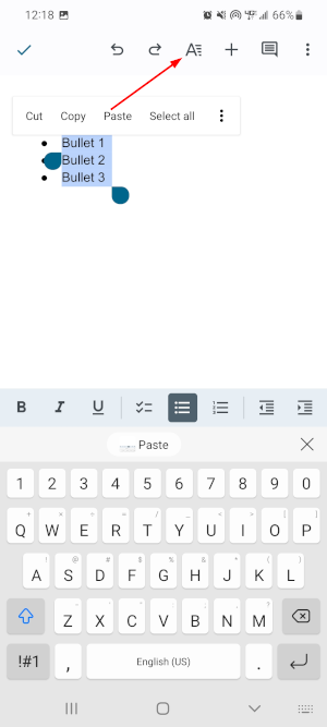 Google Docs Mobile App Format Icon in Toolbar at Top With Highlighted Bulleted List
