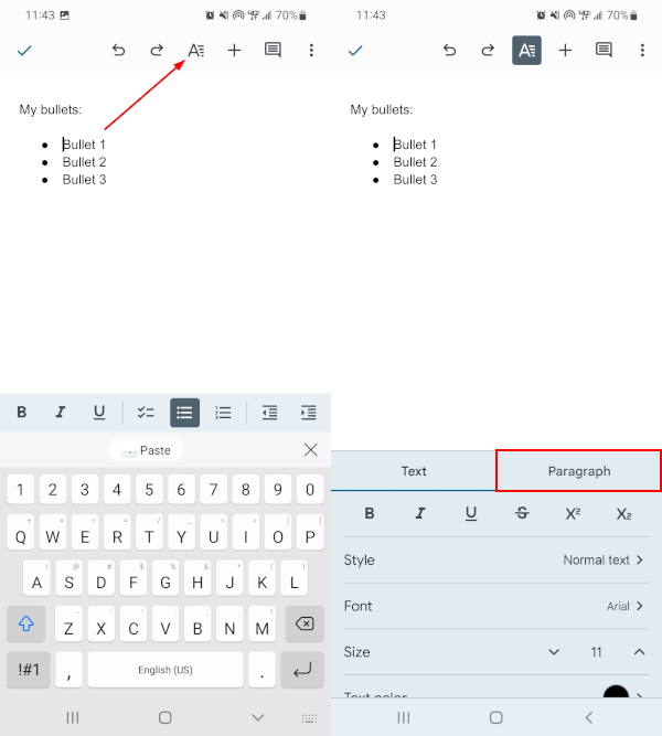 Google Docs Mobile App Format Icon in Toolbar at Top and Paragraph Tab in Format Menu