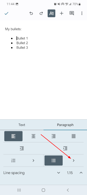 Google Docs Mobile App Right Arrow Icon Next to Bulleted List in Format Menu