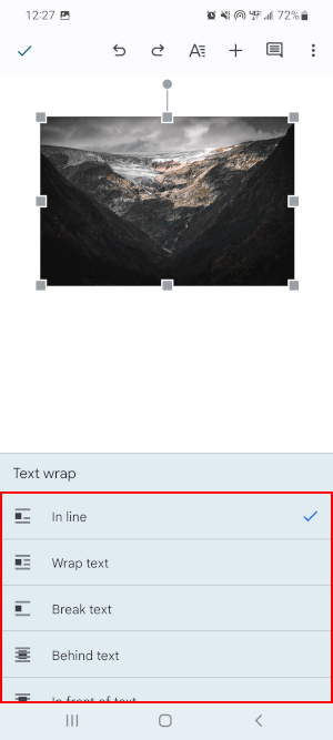 Google Docs Mobile App Text Wrapping Styles in Text Wrap Menu