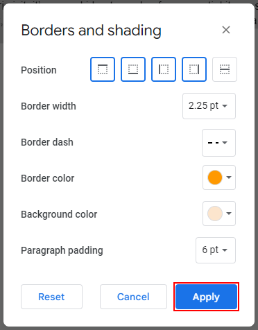 Google Docs Web Apply Button in Borders and Shading Window