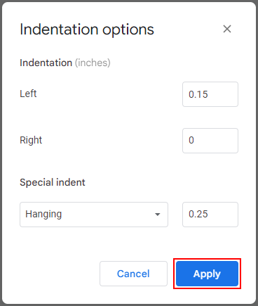 Google Docs Web Apply in Indentation Options Window