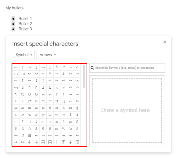 Google Docs Web Available Bullet Types in More Bullets Window