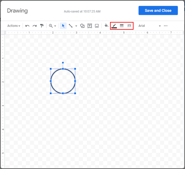 Google Docs Web Border Color Border Weight and Border Dash in Toolbar of Drawing Window