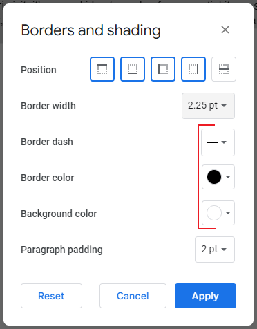 Google Docs Web Border Dash Border Color and Background Color Dropdown Menus in Borders and Shading Window