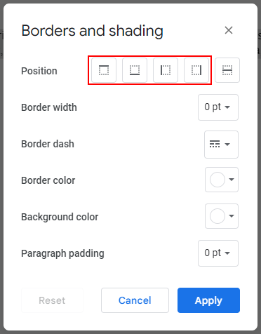 Google Docs Web Border Position Boxes in Borders and Shading Window
