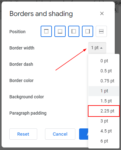 Google Docs Web Border Width Dropdown in Borders and Shading Window