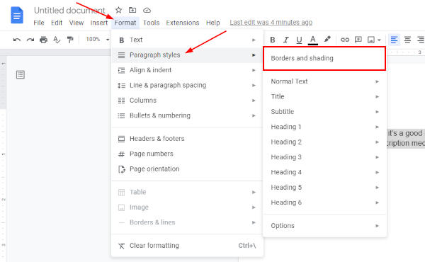 Google Docs Web Borders and Shading in Format Menu